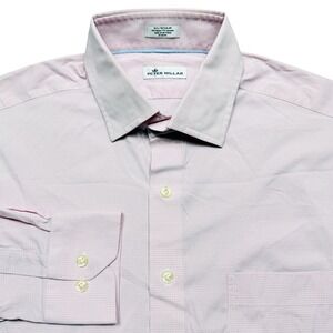 Peter Millar Shirt Mens Large 16.5 Pink Mini Gingham Performance Dress Button Up